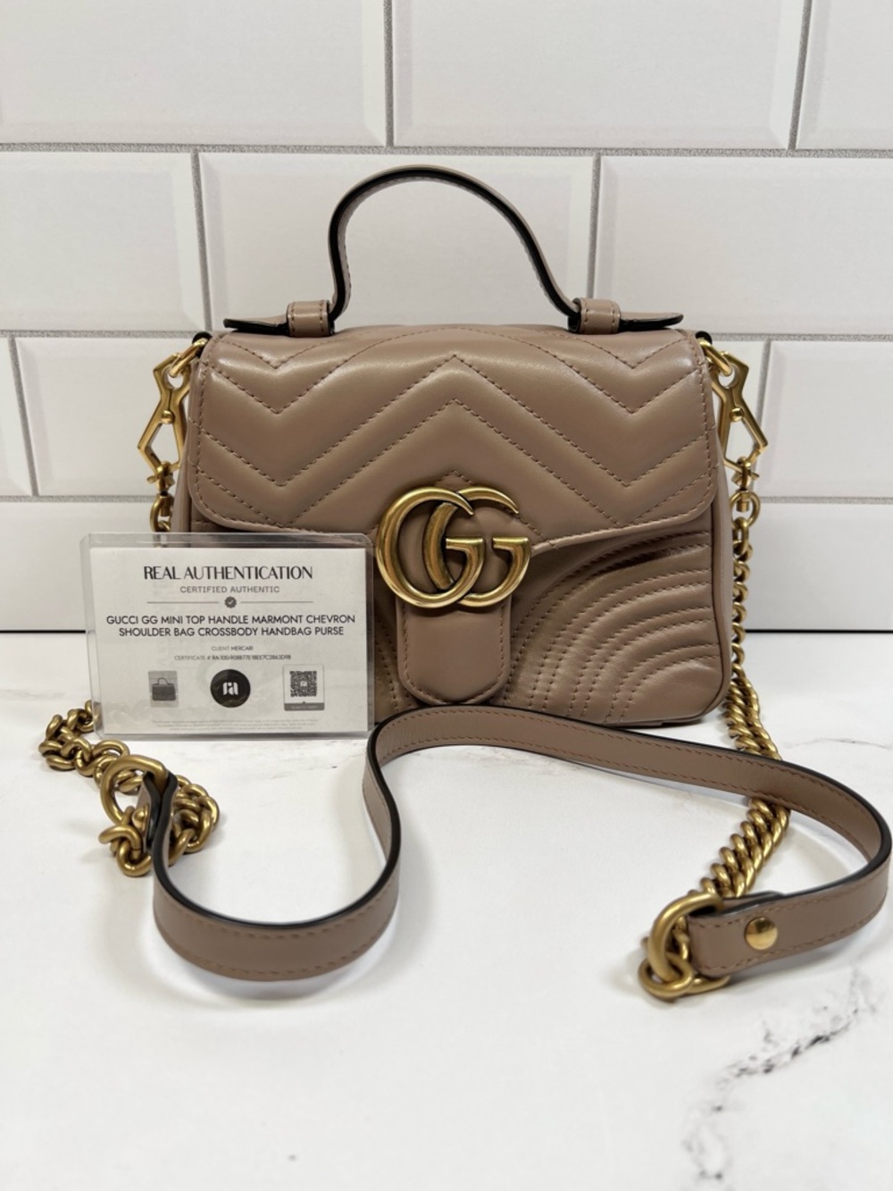 Gucci GG Mini Top Handle Marmont Chevron Shoulder Bag Crossbody Handbag Purse